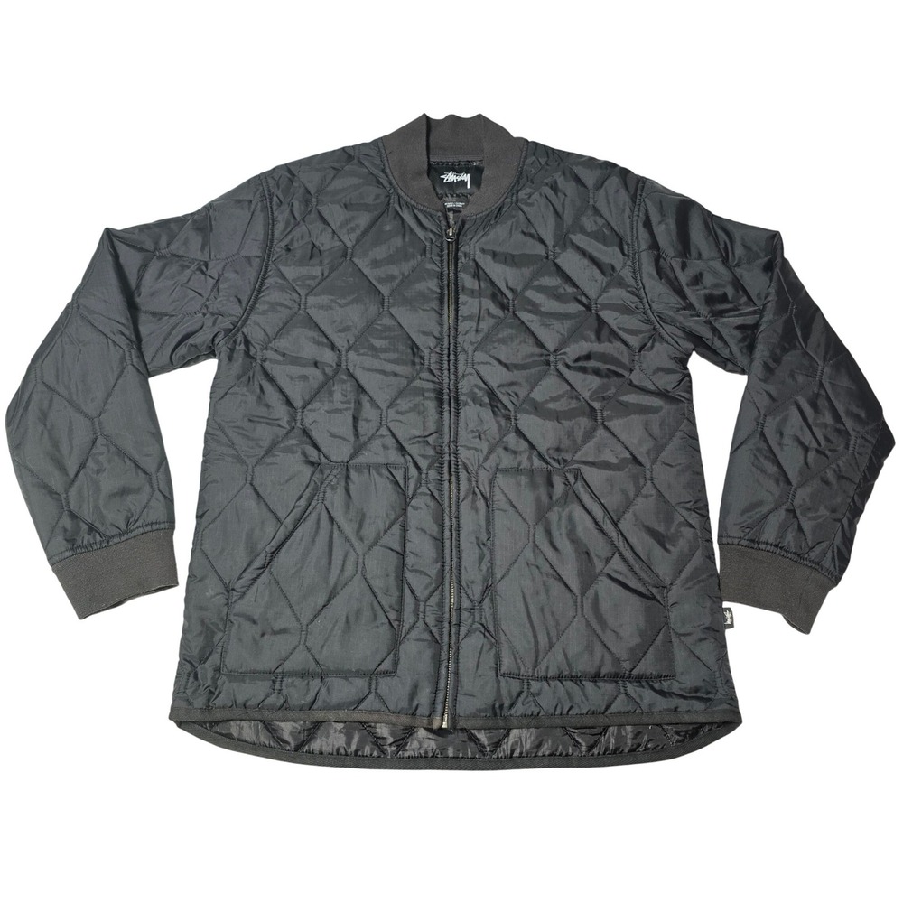 VTG Stussy Mens Quilted Liner Jacket Black Bomber Full Zip‎ Size Large Y2K Punk
